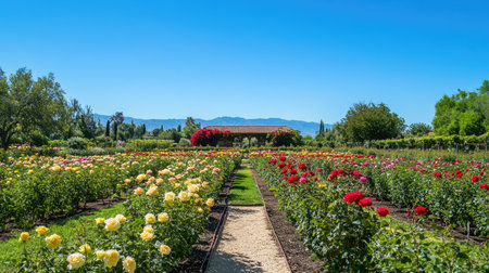 A serene rose garden in full bloom, with rows of vibrant red, yellow, and pink roses under clear blue skies.の素材