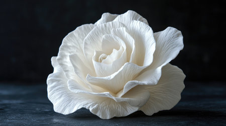 A stunning white rose with intricate petal details, captured against a dark, contrasting background.の素材
