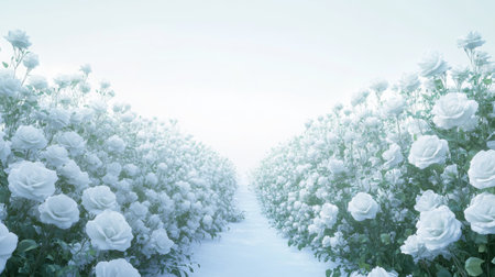 A serene white rose garden with rows of blooming roses, creating ample space for text in the foreground.の素材