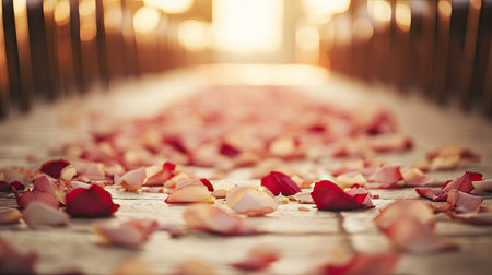 A soft-focus shot of a rose petal-strewn aisle in a wedding venue, with elegant lighting creating a dreamy feel.の素材