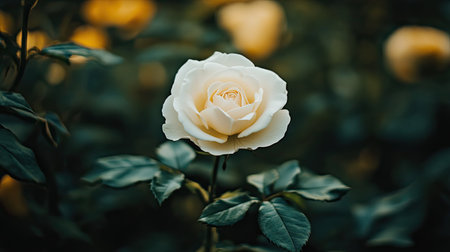 A soft-focus image of a white rose, with gentle light and clear space to add love or nature-themed text.の素材