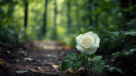 A single white rose on a winding forest trail, with ample negative space for nature-themed copy.の素材