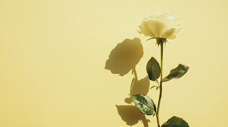 A single white rose isolated on a pale yellow background, with plenty of room for copy.の素材