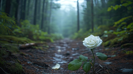 A single white rose on a winding forest trail, with ample negative space for nature-themed copy.の素材