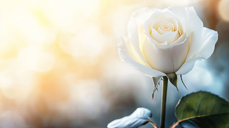 A single white rose flower in focus with a blurred garden background, leaving ample space for text.の素材