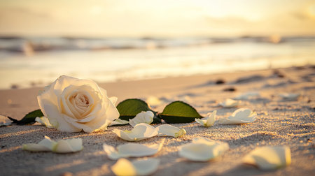 A single white rose and petals scattered on a sandy beach, with clear room for text at the edges.の素材