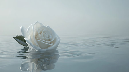 A single white rose floating on calm water, with ripples extending into negative space.の素材