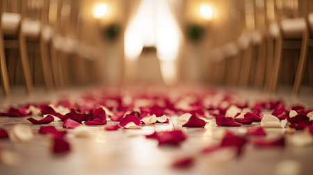 A soft-focus shot of a rose petal-strewn aisle in a wedding venue, with elegant lighting creating a dreamy feel.の素材