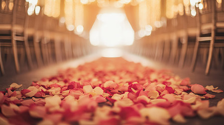 A soft-focus shot of a rose petal-strewn aisle in a wedding venue, with elegant lighting creating a dreamy feel.の素材