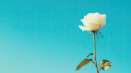 A single white rose flower against a vibrant blue sky, with open space for text in the upper area.の素材