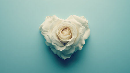 A single white rose forming the shape of a heart on a soft background, with clear space for text.の素材