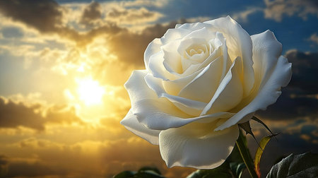 A soft-focused white rose with a golden hour sky in the background, offering negative space for messaging.の素材