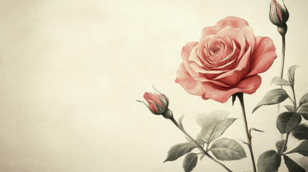 A soft, hand-drawn rose design on textured paper, with delicate shading and a vintage feel.の素材