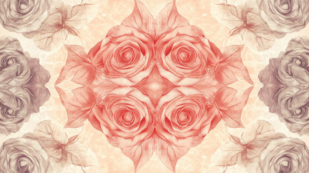 A symmetrical pattern design featuring multiple roses with intricate details, set against a soft pastel-colored background.の素材