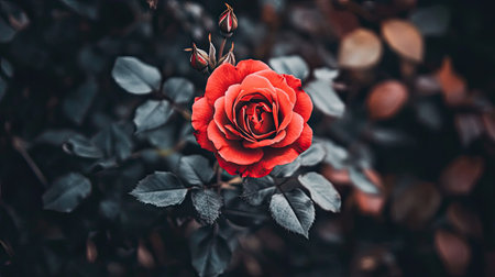 A vibrant red rose in full bloom, captured against a dark, moody background for a dramatic effect.の素材