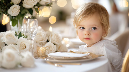 A table setting with white roses and gold accents at a wedding reception, leaving space for text.の素材