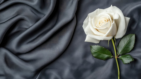 A top-down view of a white rose on a dark fabric background, with ample room for copy at the edges.の素材