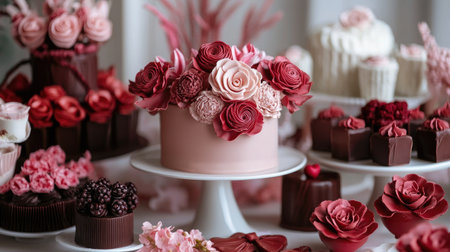 A Valentine dessert table featuring chocolate sculptures with intricate floral carvings.の素材