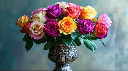 A vibrant arrangement of multicolored roses in an ornate vase, creating a bold and decorative centerpiece for a table.の素材