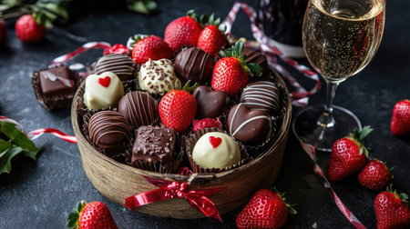 A themed Valentine chocolate basket with sparkling wine, chocolate-covered strawberries, and festive wrapping.の素材
