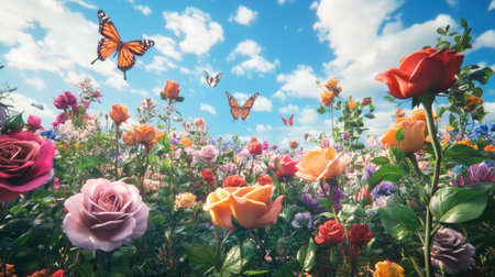 A vibrant rose garden filled with roses in multiple colors, attracting butterflies and bees.の素材