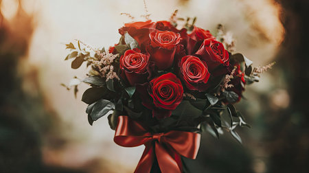 A wedding bouquet of vibrant red roses tied with a satin ribbon, with soft-focus wedding details behind.の素材