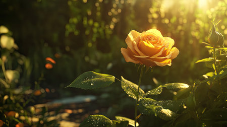 A vibrant yellow rose growing in a lush garden, with the sunlight casting beautiful shadows on its petals.の素材