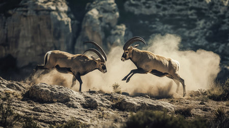 A dramatic action shot of two male ibexes in combat, with their horns locked in the rugged terrain of El Torcal, Antequera, as dust rises.の素材