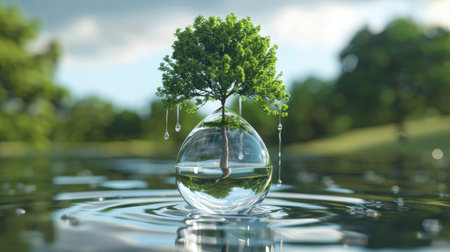 3D rendering of a tree growing inside a water droplet, representing water conservation efforts with this inviting photo.の素材