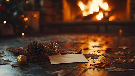 A holiday card with decorations on the floor near a cozy fireplace, with selective focus on the card and the holiday warmth from the fire in the background.の素材