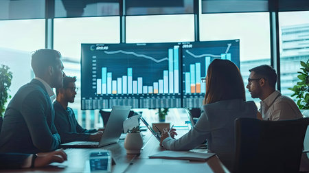 Team of analysts discussing charts and graphs in a conference room, tools for strategic investment with this inviting photo. fb03ea7c-3169-49a6-9752-fa7b2a687b18の素材
