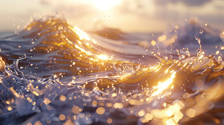 Close-up 3D rendered 8k image of water waves under sunlight, highlighting the play of light and shadows on the liquid surface with this inviting photo.の素材