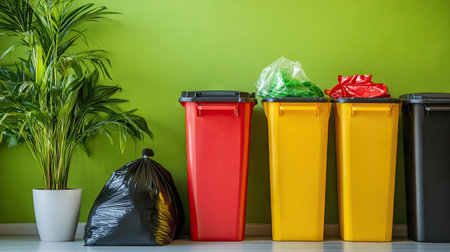 Bright recycling station with bins for food waste and general trash, accompanied by a black garbage bag, placed in front of a green wall.の素材