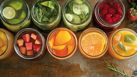 Close-up of jars containing vibrant fruity jams, compotes, and pickled vegetables, placed on a wooden countertop, showing the process of fruit preservation.の素材