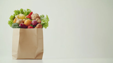 Top view of a paper bag packed with nutritious fruits, vegetables, and nuts on a clean white surface with space to add a text banner for health-conscious shopping.の素材