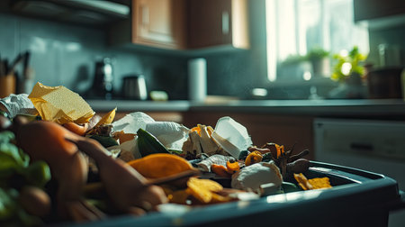 Close-up of bio trash in a bin, featuring coffee filters, fruit peelings, and leftover vegetables, with a clean kitchen in the background.の素材