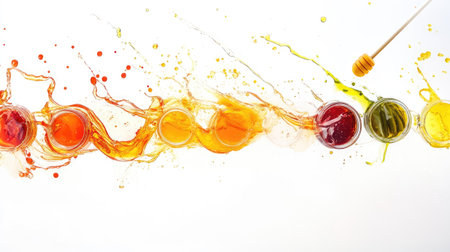 Different types of preserves such as fruit jams, pickled vegetables, and honey in glass jars, isolated on a white background, highlighting the beauty of preserved foods.の素材