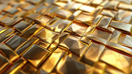Detailed 3D illustration of a golden geometric background, featuring interlocking shapes andの素材