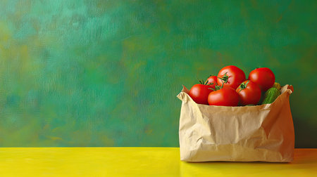 A vibrant green backdrop and yellow countertop featuring ripe red tomatoes and a brown paper bag filled with vegetables, with empty space for creative text.の素材