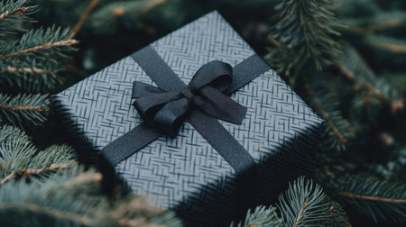Decorative gift box next to a pine tree in the background, representing the festive spirit and holiday excitement of the Christmas season.の素材
