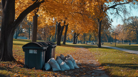 Several full trash bags lined up next to a waste bin overflowing with trash, surrounded by park trees and grass.の素材