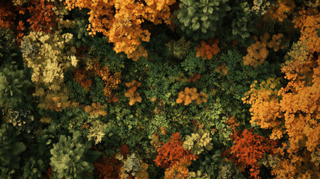Top-down view of a forest in early autumn, with a mix of green and golden hues creating a beautiful patchwork of colors.の素材