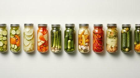 A variety of jars filled with pickled vegetables, including cucumbers, peppers, and garlic, prepared for winter storage, arranged neatly on a clean white background.の素材