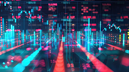 Stylized 3D model of financial data charts with symbols and glowing lines on a futuristic background with this inviting photo.の素材