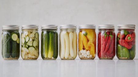 A variety of jars filled with pickled vegetables, including cucumbers, peppers, and garlic, prepared for winter storage, arranged neatly on a clean white background.の素材