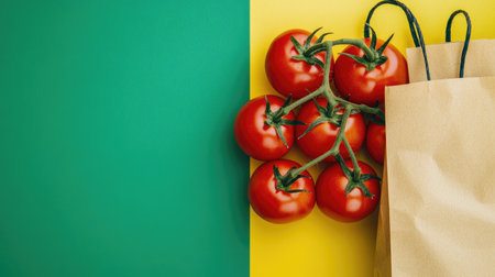 Flat lay of ripe tomatoes and a vegetable paper bag on a yellow surface with a bold green backdrop, perfect for adding text or designs.の素材