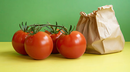 Flat lay of ripe tomatoes on a yellow countertop, a paper bag of vegetables to the side, with a clean green background for text or design elements.の素材