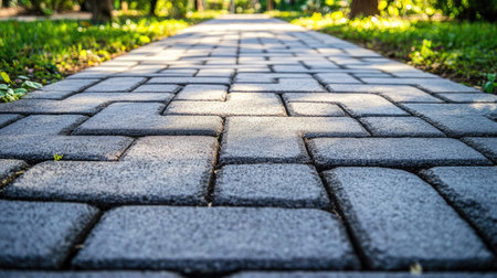 Concrete paver blocks on a walkway, highlighting the neat and uniform pattern of the paving.の素材