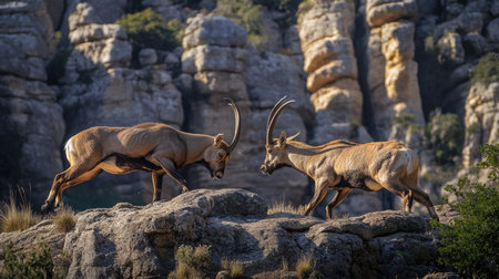 Two male ibexes engaged in a fierce fight for dominance, with their powerful bodies and horns clashing against the unique rocky formations of El Torcal, Antequera.の素材
