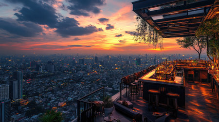 Aerial view from a rooftop bar in Bangkok, capturing the sunset sky over Lumpini and the sprawling cityscape.の素材